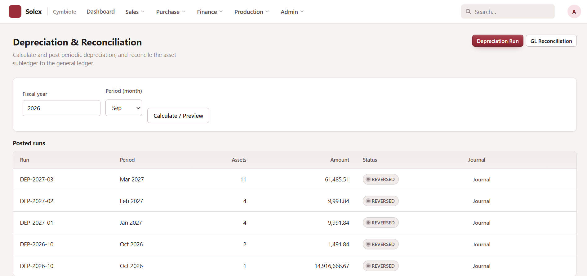 Solex ERP Automated Depreciation Schedule & Runs
